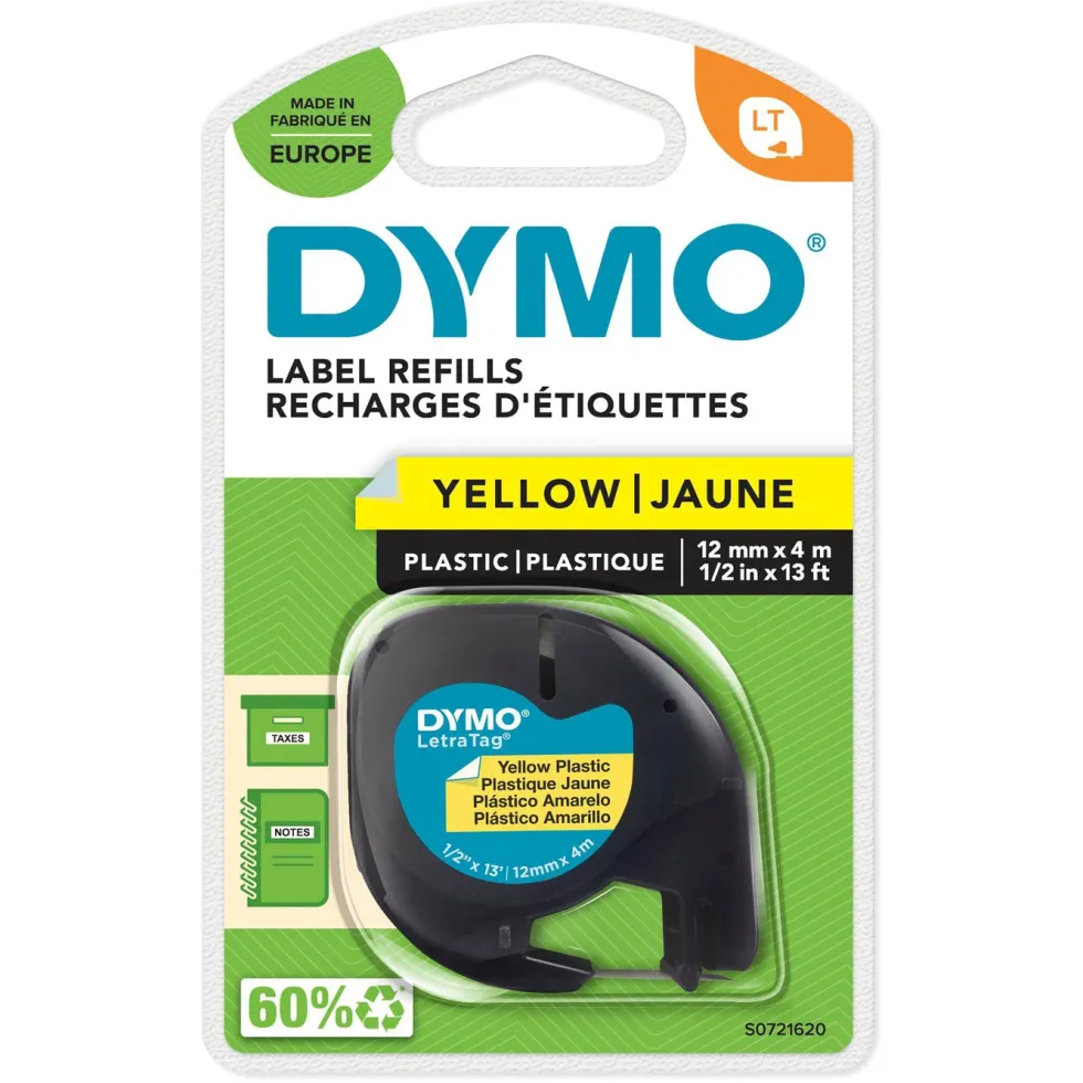 Dymo Letratag Märktejp av plast 12 mm Gul