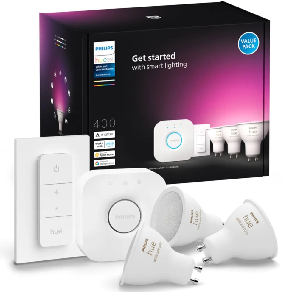 Philips Hue Startpaket: 3x White & Color GU10 + Dimmer + Bridge