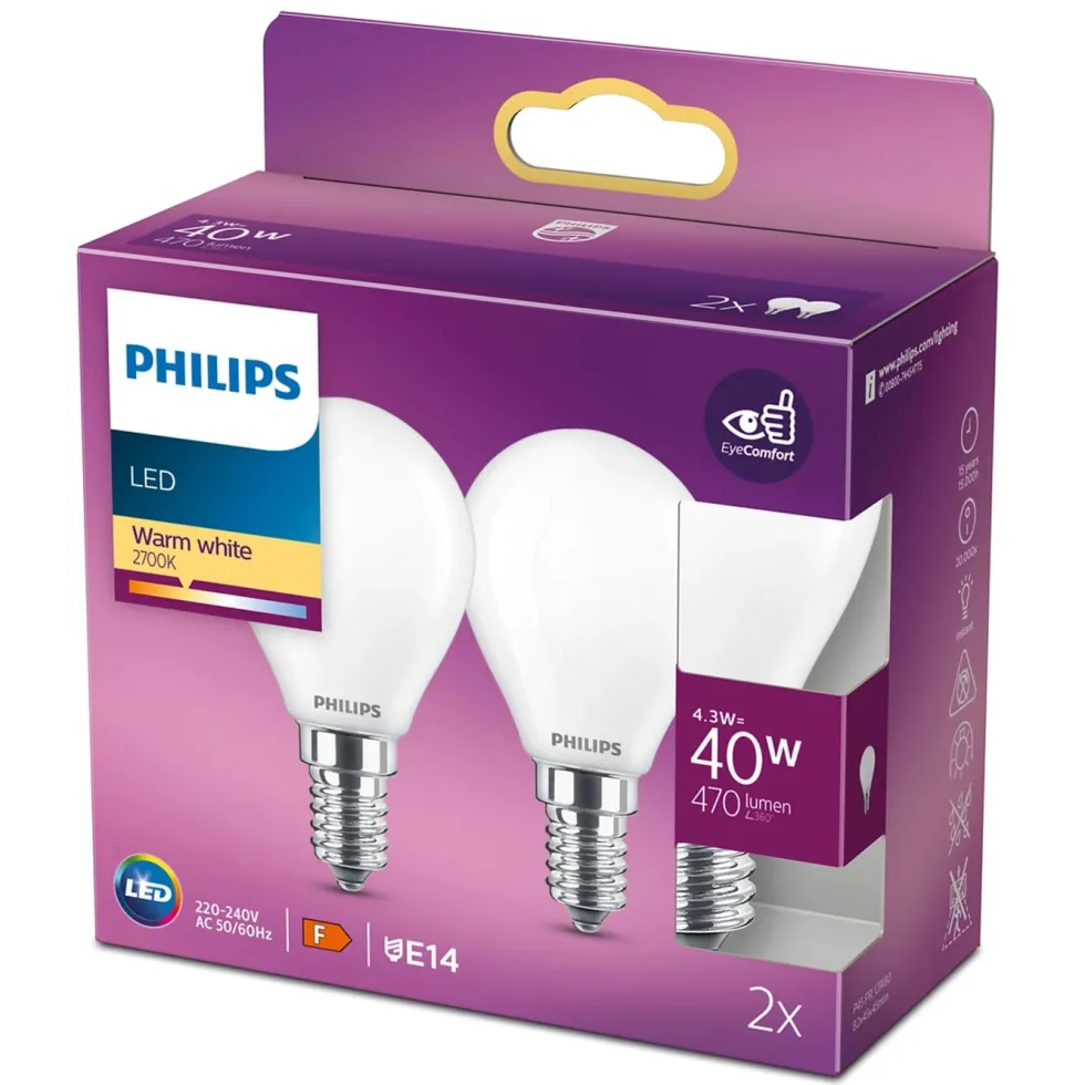 Philips Philips LED-lampa klot frostad E14 470 lm 2-pack