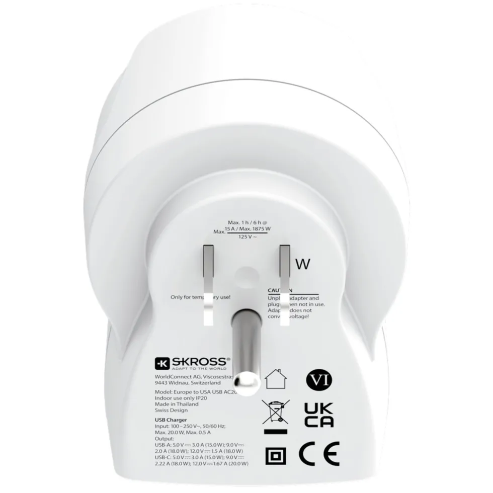 Skross Reseadapter Europa till USA USB AC PD 20W