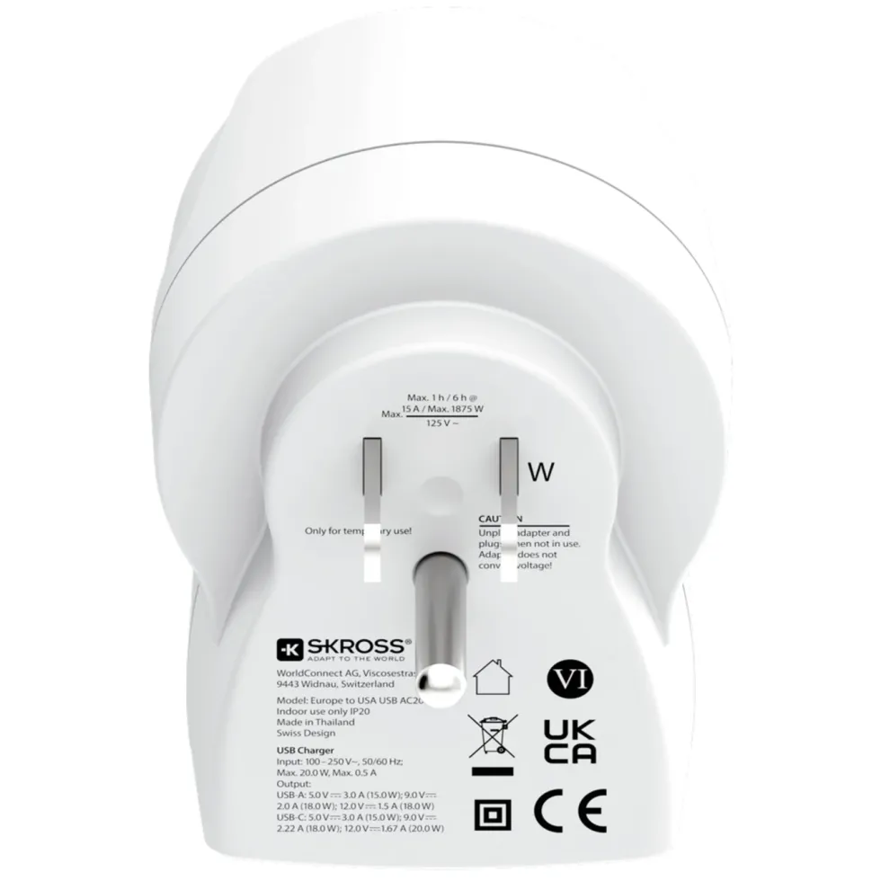 Skross Reseadapter Europa till USA USB AC PD 20W