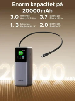 Ugreen Nexode powerbank 20 000 mAh 165 W med inbyggd kabel