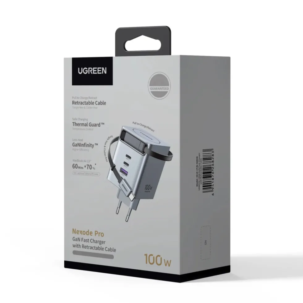 Ugreen Nexode 100 W GaN-snabbladdare med utdragbar USB-C-kabel