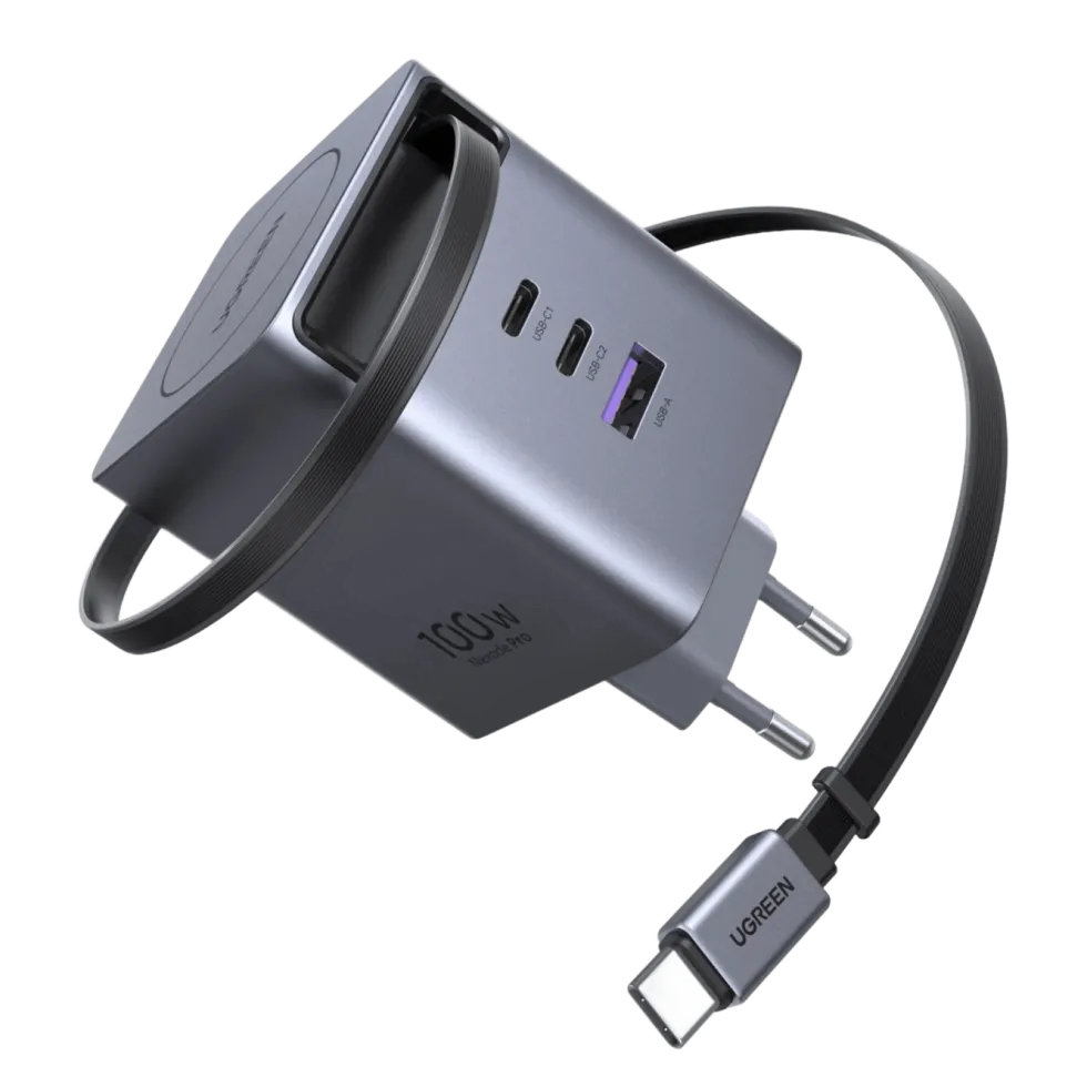 Ugreen Nexode 100 W GaN-snabbladdare med utdragbar USB-C-kabel