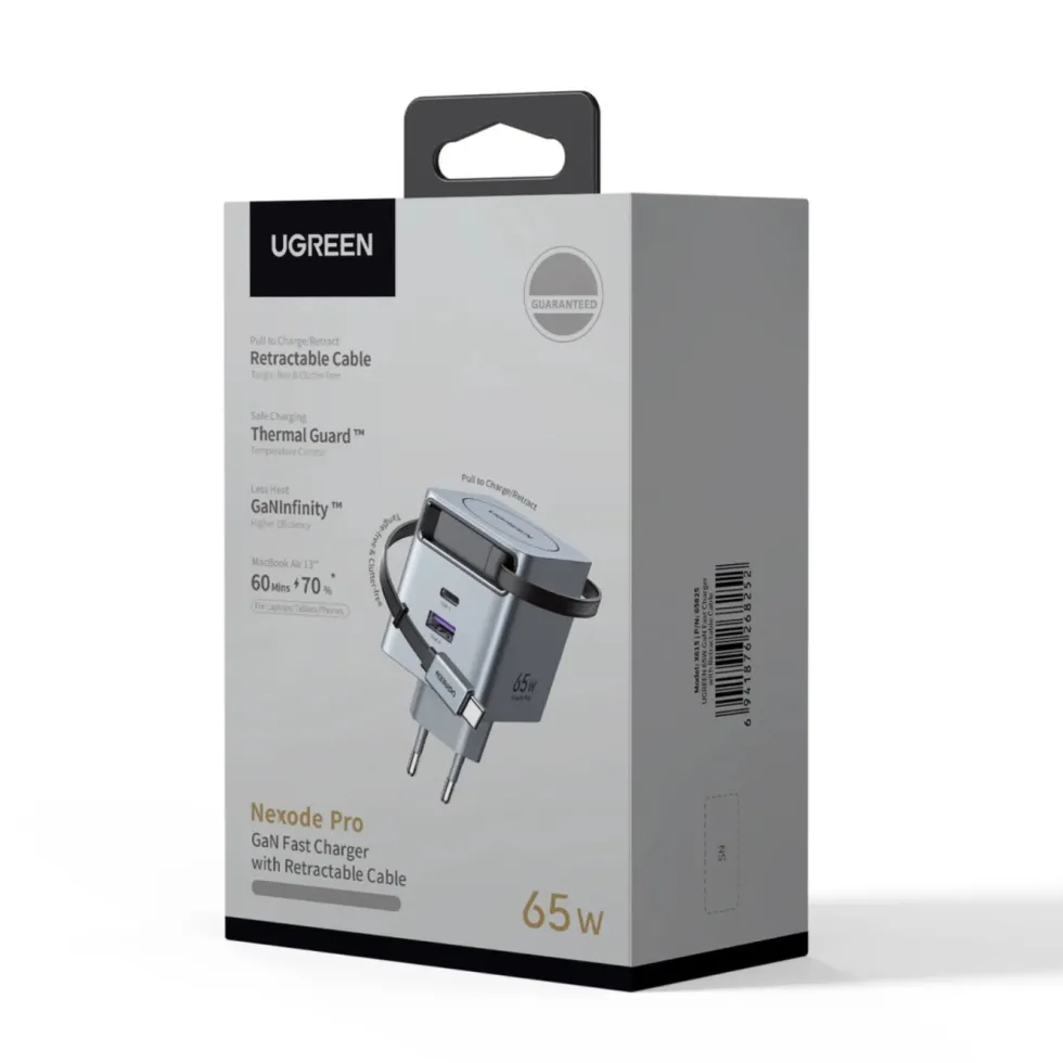 Ugreen Nexode 65 W GaN-snabbladdare med utdragbar USB-C-kabel 65 W